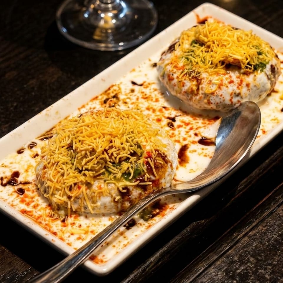 Two servings of Indian dahi vada, topped with sev and sauces, on a white rectangular plate.