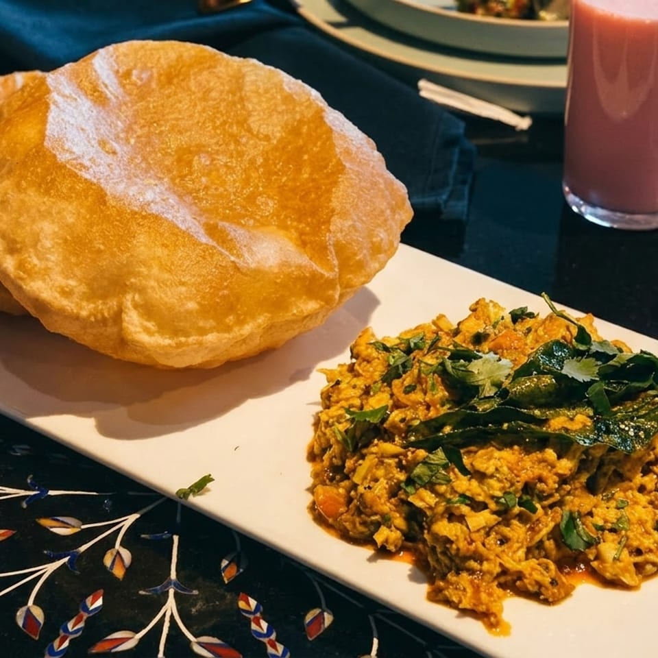 Golden fried puri bread and scrambled egg curry with herbs on a white plate.