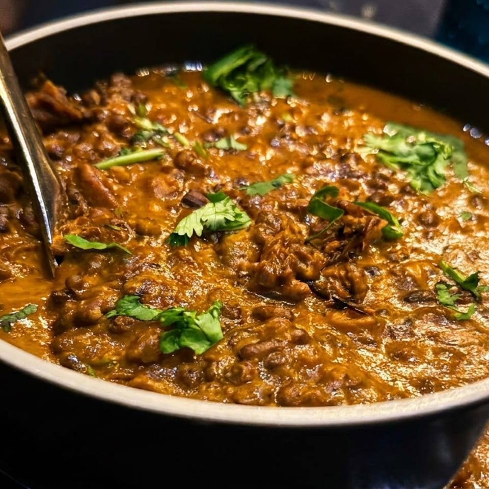 Close-up of a rich, dark brown lentil and meat curry, garnished with fresh green cilantro in a bowl.