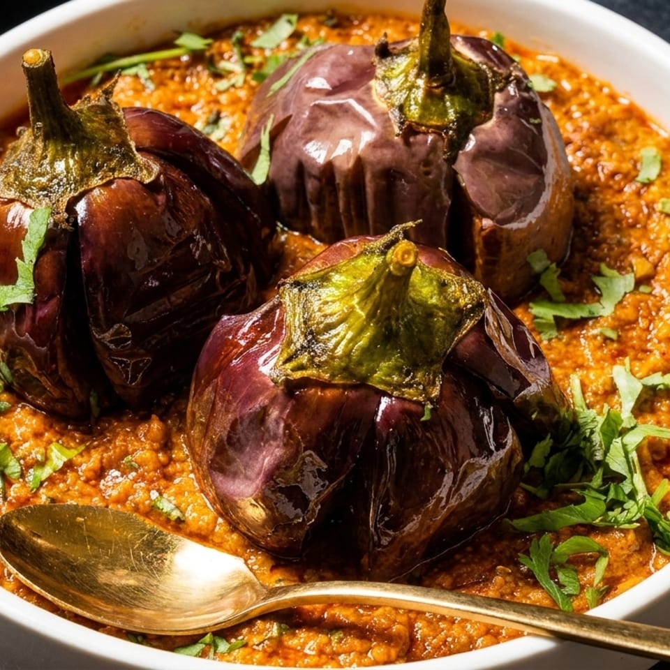 Three whole eggplants in a rich, orange-red curry sauce, garnished with fresh cilantro and a golden spoon.