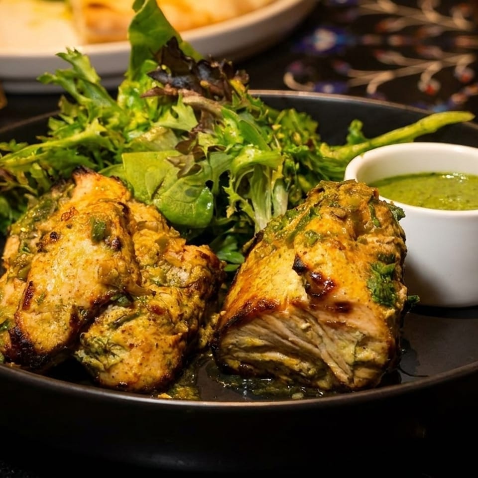 Two pieces of chicken tikka with green sauce and a side salad in a black bowl.